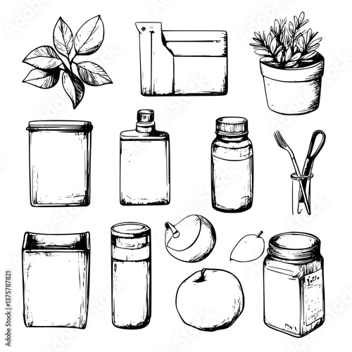 Collection of kitchen items, herbs, and containers arranged on a minimalist background