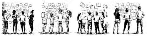 Group brainstorming session with diverse participants sharing ideas on sticky notes in a creative workspace
