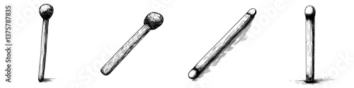 Different angles of a wooden matchstick with a rounded head and a straight shaft displayed in various positions