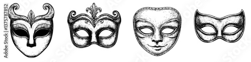 Masks displayed in a creative arrangement showcasing various designs and artistic elements, ideal for festivities or theatrical performances