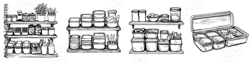 Detailed sketches of organized kitchen shelves filled with jars, containers, and food items ready for meal prep