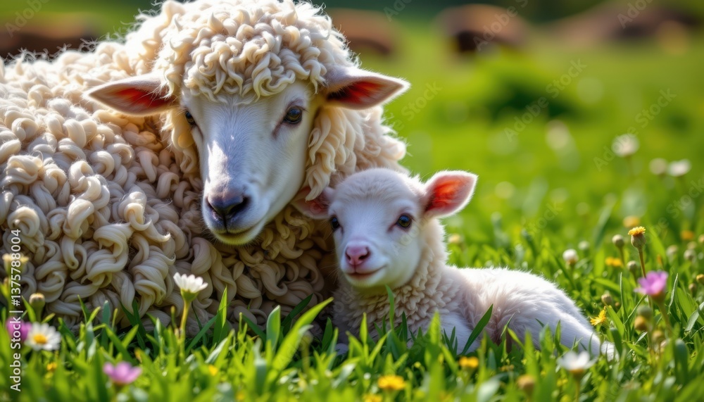 Fototapeta premium The cozy image captures a tender moment between a fluffy white lamb and its mother sheep, nestled together in a lush green field under the clear blue springtime sky.