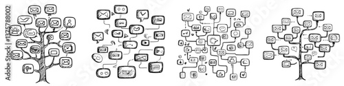 Creative sketch illustrating the concept of social media communication with interconnected messages and icons