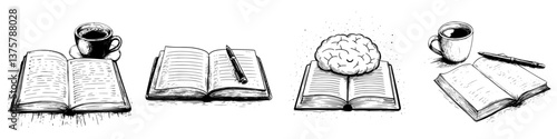Creative illustrations of coffee, books, and brain showcasing reading and mindfulness in a cozy setting