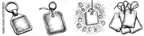 Sketches of decorative tags arranged in various styles and configurations, showcasing different shapes and designs in an artistic manner