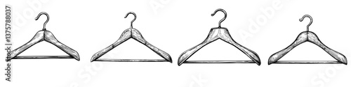Wooden hangers lined up on a white background showcasing their design and texture in a minimalist fashion