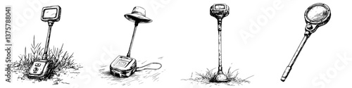 Metal detectors displayed on grass during a sunny day in a park showcasing various types and styles of equipment for treasure hunting