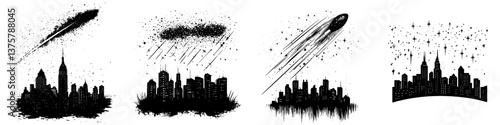 Silhouette of a city skyline lighted by celestial events in a cosmic landscape