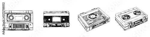 Vintage cassette tapes showcase nostalgic audio technology from the past in a creative hand-drawn style