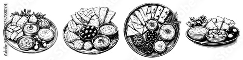 Assorted appetizer platters featuring dips, bread, and vegetables on a wooden surface