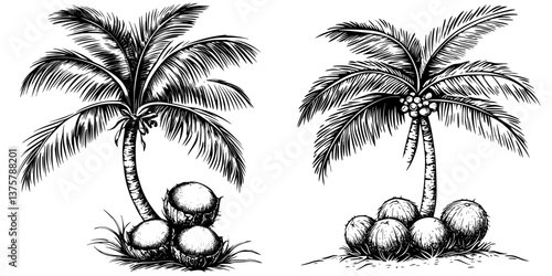 Two distinct palm trees showcasing their unique characteristics and surrounding natural elements in a simple black and white illustration