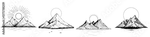 Mountain landscapes showcasing varying sun positions over serene bodies of water near mountainous terrain during daylight hours