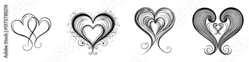 Various artistic heart designs showcasing unique shapes and patterns in a monochromatic style