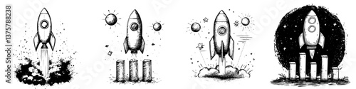 Rocket launch illustrations depicting various stages of space exploration and travel across different settings
