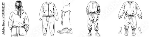 Athletic apparel design showcasing a complete tracksuit with shoes and accessories