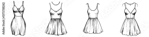 Various styles of women's dresses designed for spring and summer seasons highlighting different necklines and silhouettes