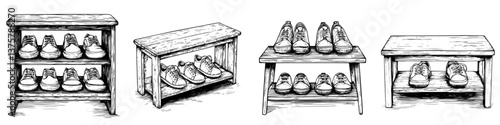 Shoe racks with various designs showcasing organized footwear arrangements for convenient storage solutions