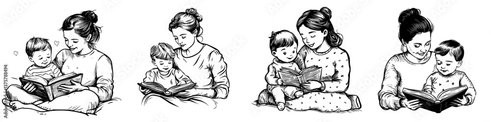 Enjoying quality time with children while reading together in a cozy indoor setting during a peaceful afternoon Enjoying quality time with children while reading together in a cozy indoor setting during a peaceful afternoon