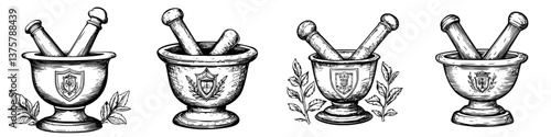 Collection of vintage mortar and pestle designs showing detailed engravings and varying styles in black and white