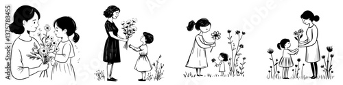 Women and girls celebrating nature through flower picking and sharing in a vibrant garden during a sunny afternoon