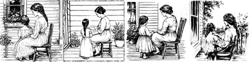 Mothers and daughters enjoy quality time on the porch while tending to flowers in the evening light
