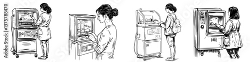 Modern food vending machines display variety of options while customers select meals in urban locations during daytime hours