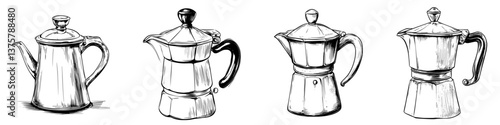 Various styles of coffee pots showcased together on a simple background in a minimalist design