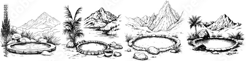 Tranquil natural hot springs surrounded by mountains and lush greenery at dawn