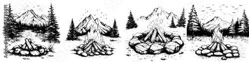 Campfire illustrations in a mountain landscape showcasing the beauty of nature at night