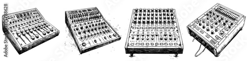 Multiple electronic music mixers displayed together, showcasing different models and designs for audio production enthusiasts