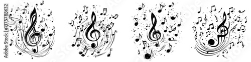 Musical notes swirling in artistic patterns represent the joy of music and creativity in a minimalist black and white design
