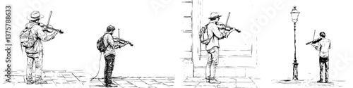 Multiple musicians playing violin on a city street during the day, showcasing varied techniques and styles