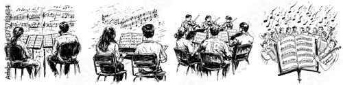 Orchestra rehearsal with musicians reading music sheets in a concert hall during a late afternoon session