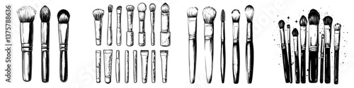 Makeup brushes arranged in an artistic layout showcasing various types and sizes on a white background