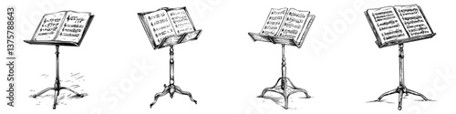 Various designs of music stands showcasing functional artistry in a sketched format