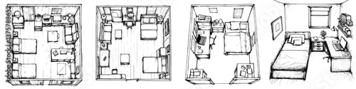 Detailed layout of different room designs showcasing furniture arrangement and space utilization in multiple settings