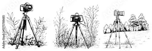 Three distinct cameras on tripods capturing nature at different outdoor locations during daylight