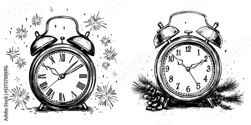 Vintage alarm clocks showcasing distinct designs with decorative elements in a timeless black and white illustration