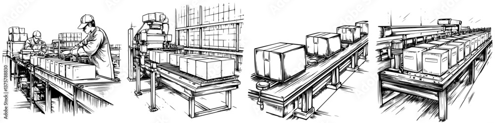 Factory workers efficiently packaging boxes on production line during daytime shift Factory workers efficiently packaging boxes on production line during daytime shift
