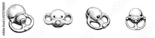 Various styles of pacifiers designed for infants showcasing unique shapes and features on a clean background
