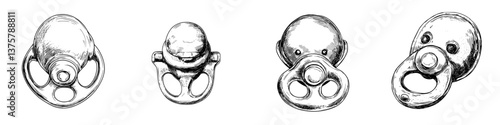 Different styles of pacifiers for infants displayed in a row showcasing various designs and features in black and white
