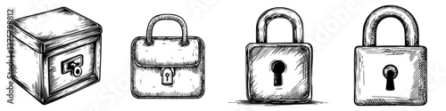 Various sketches of locks and a secure box highlighting concepts of security and protection in everyday items