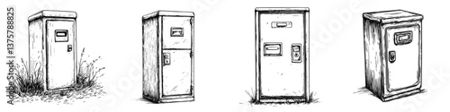 Collection of vintage utility boxes in various states of wear located in an overgrown area during daylight hours