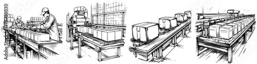 Factory workers efficiently packaging boxes on production line during daytime shift