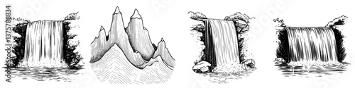 Beautiful waterfall scenes with mountains and nature elements in a serene landscape setting