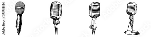 Vintage microphones on display showcase the evolution of sound recording technologies over the decades