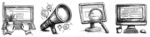 Effective digital marketing strategies depicted through illustrations of online activities and tools for communication