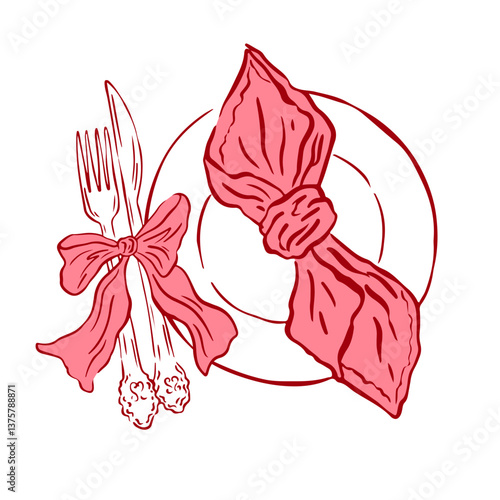 Coquette dishes with bow in hand drawn style. Whimsical plate with fork and knife for designed modern menu restaurant and cafe in simple sketch style. Doodle outline vector illustration