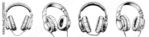 Different styles of headphones displayed in a row showcasing design variations and features in a black and white illustration