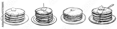 Stack of fluffy pancakes with syrup and whipped cream served on a plate in a cozy breakfast setting early in the morning